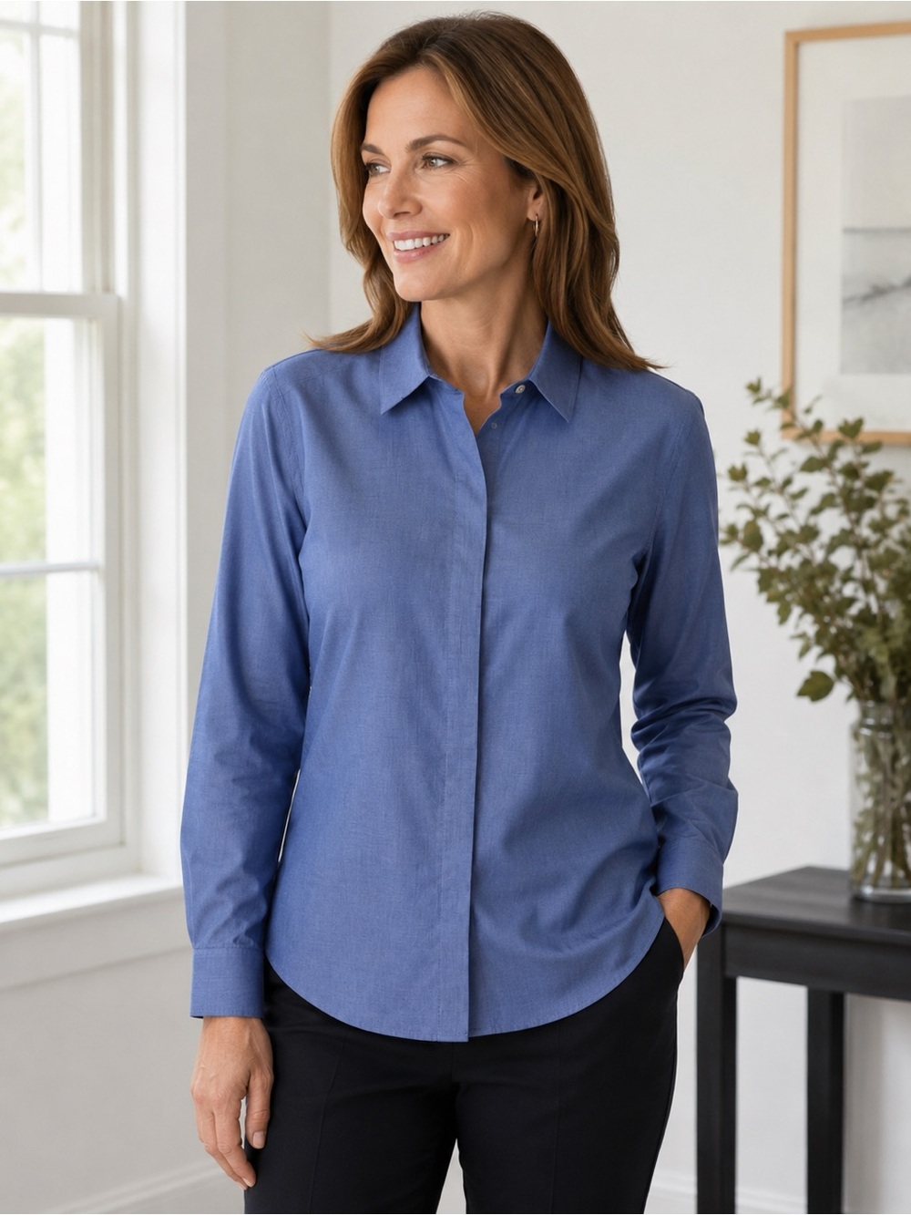 Foxcroft NYC Women’s Blue Hidden Button Front Cotton Dress Shirt Size 12 Shaped